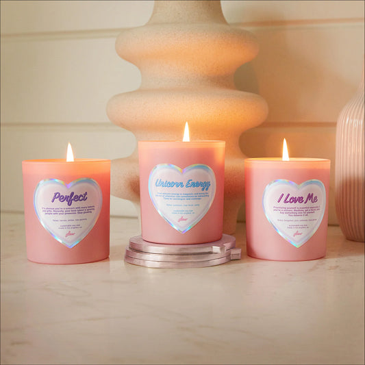 self love candles, perfect, unicorn energy, i love me