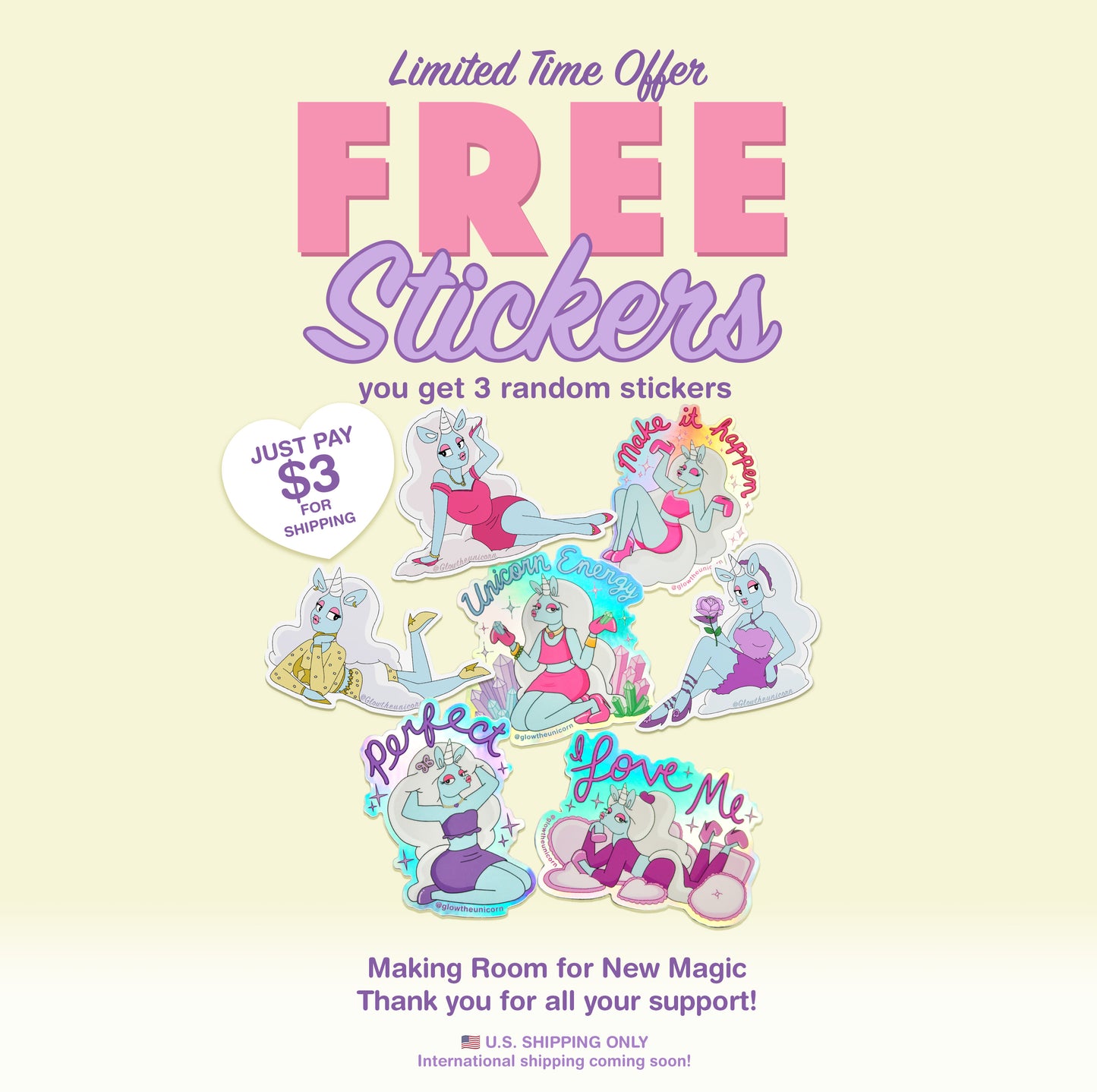 free unicorn stickers. glow the unicorn stickers promo