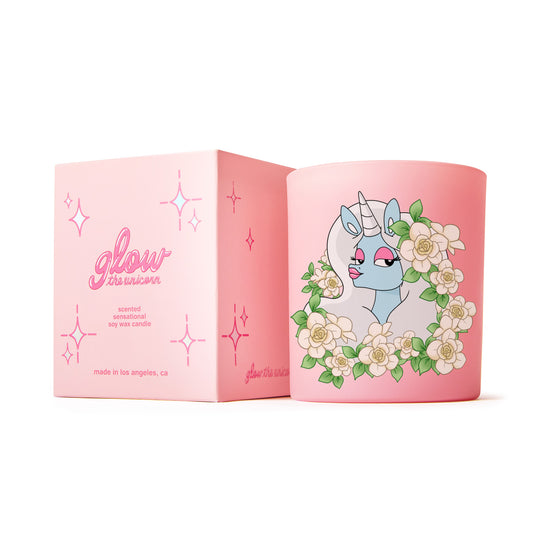 unicorn gardenia candle with floral art