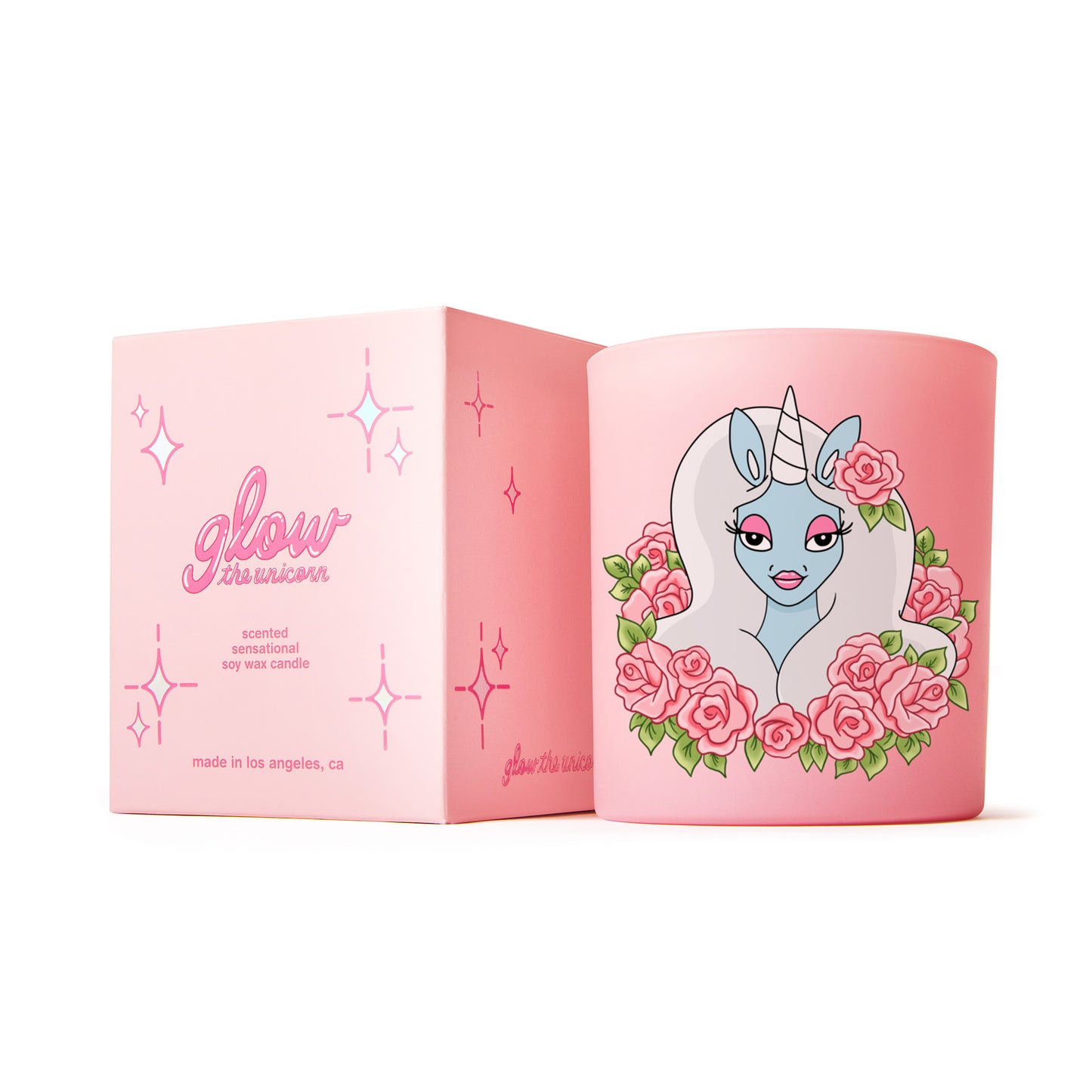 pink unicorn candle in rose scent