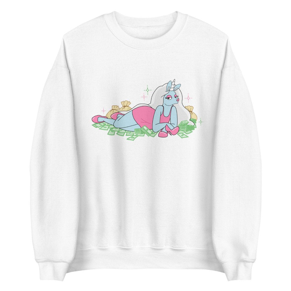 white unicorn sweater money