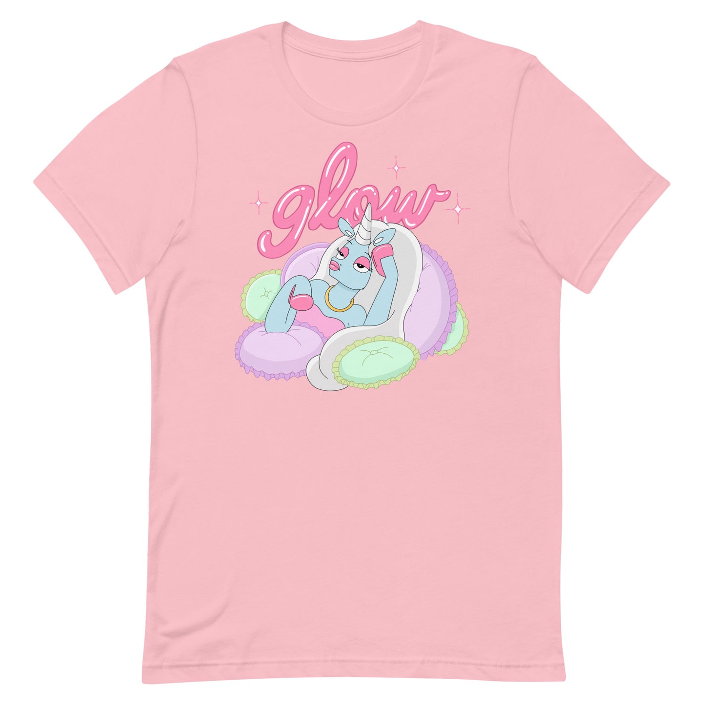 pink tee shirt with glowtheunicorn being chill