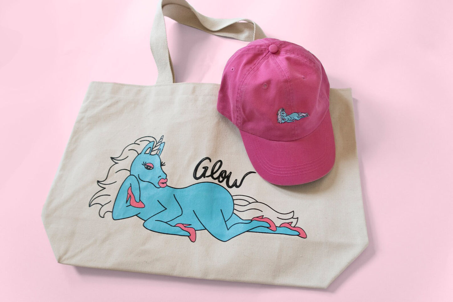 unicorn tote and pink hat