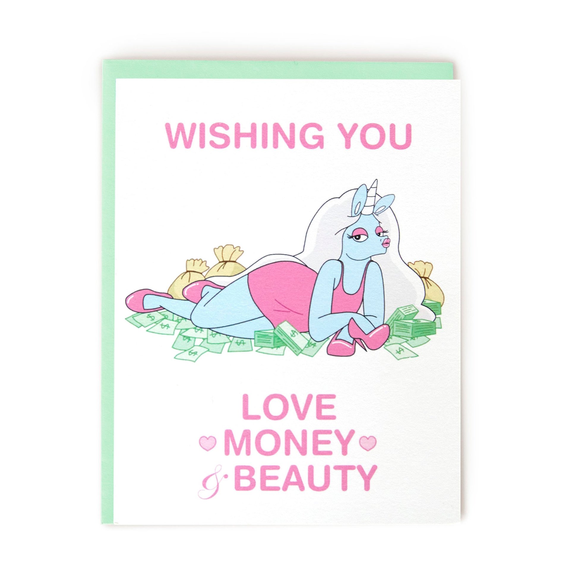 unicorn and money greeting card