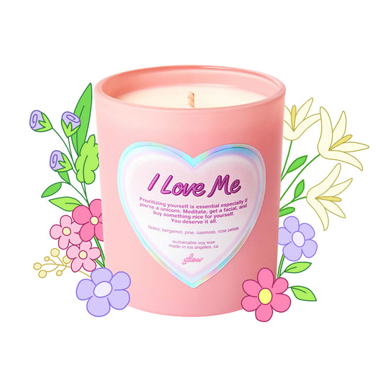 i love me candle in pink jar.
