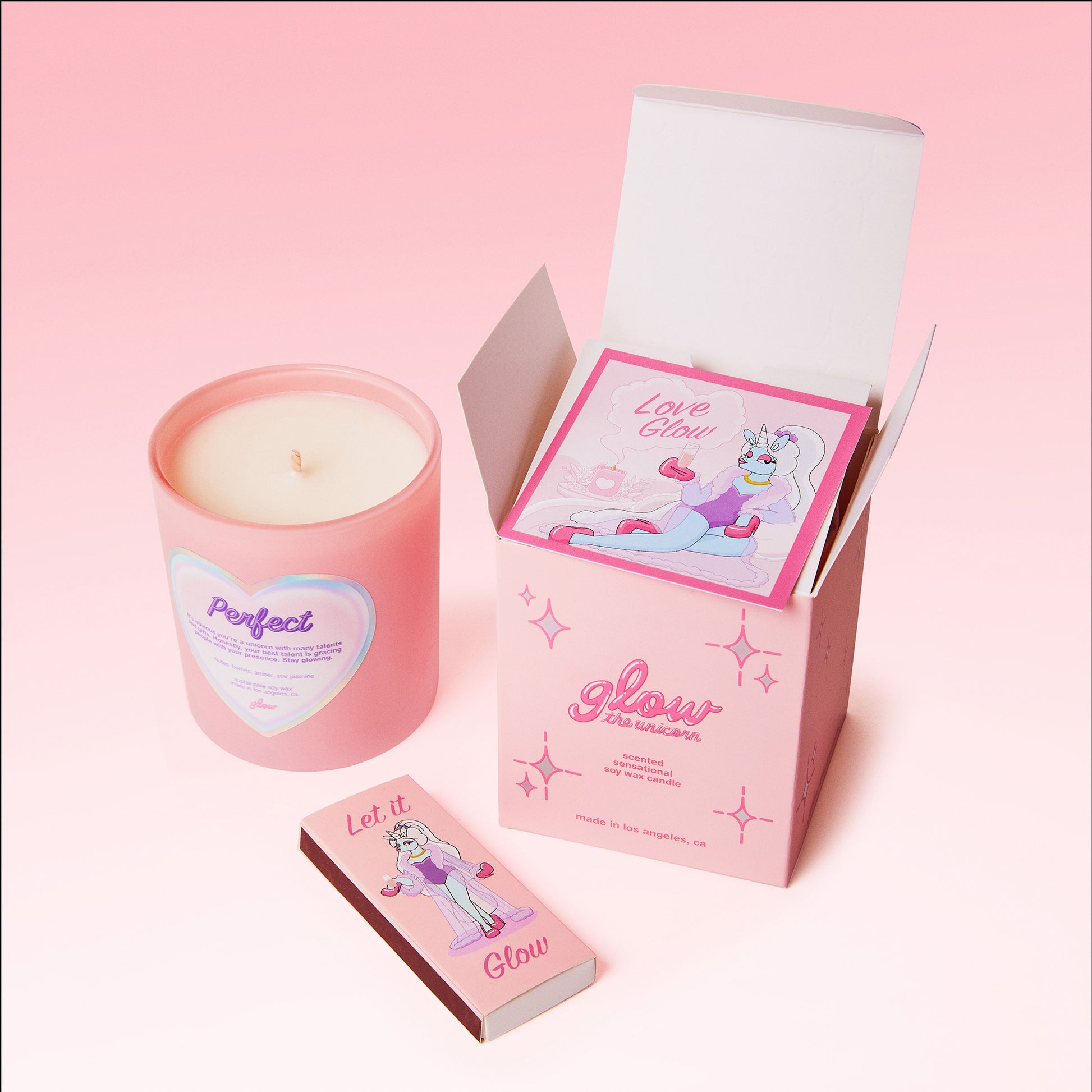 perfect candle set in pink jar with unicorn matches